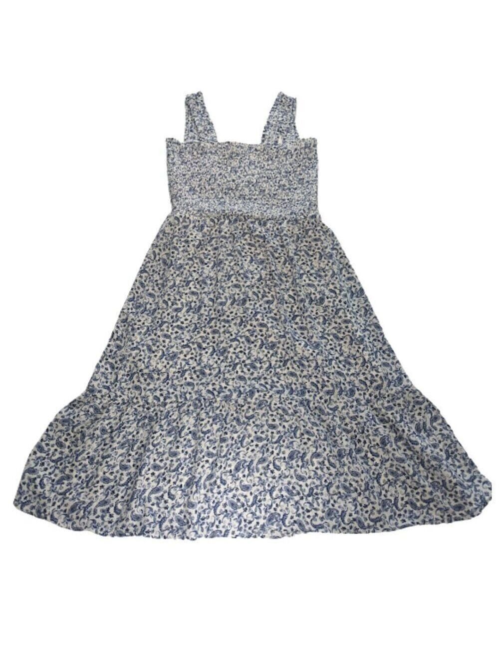 The General Good Elisa Smocked Midi Dress Blue White Paisley M